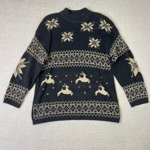 Eminent Vintage Reindeer Snowflake Knit Sweater Black Gold Large Festive Winter